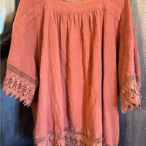 Free People Crochet-Trim Peasant Boho Tunic - Dusty Coral size Lg